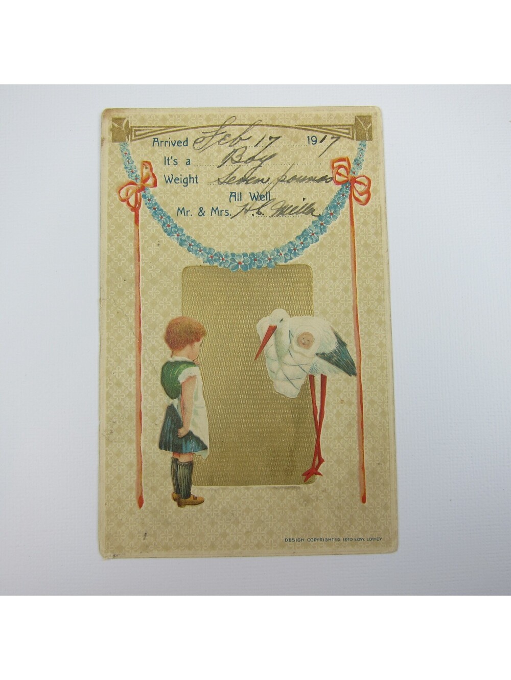 Postcard Birth Announcement Little Girl Stork & Baby Blue Flowers Antique 1917